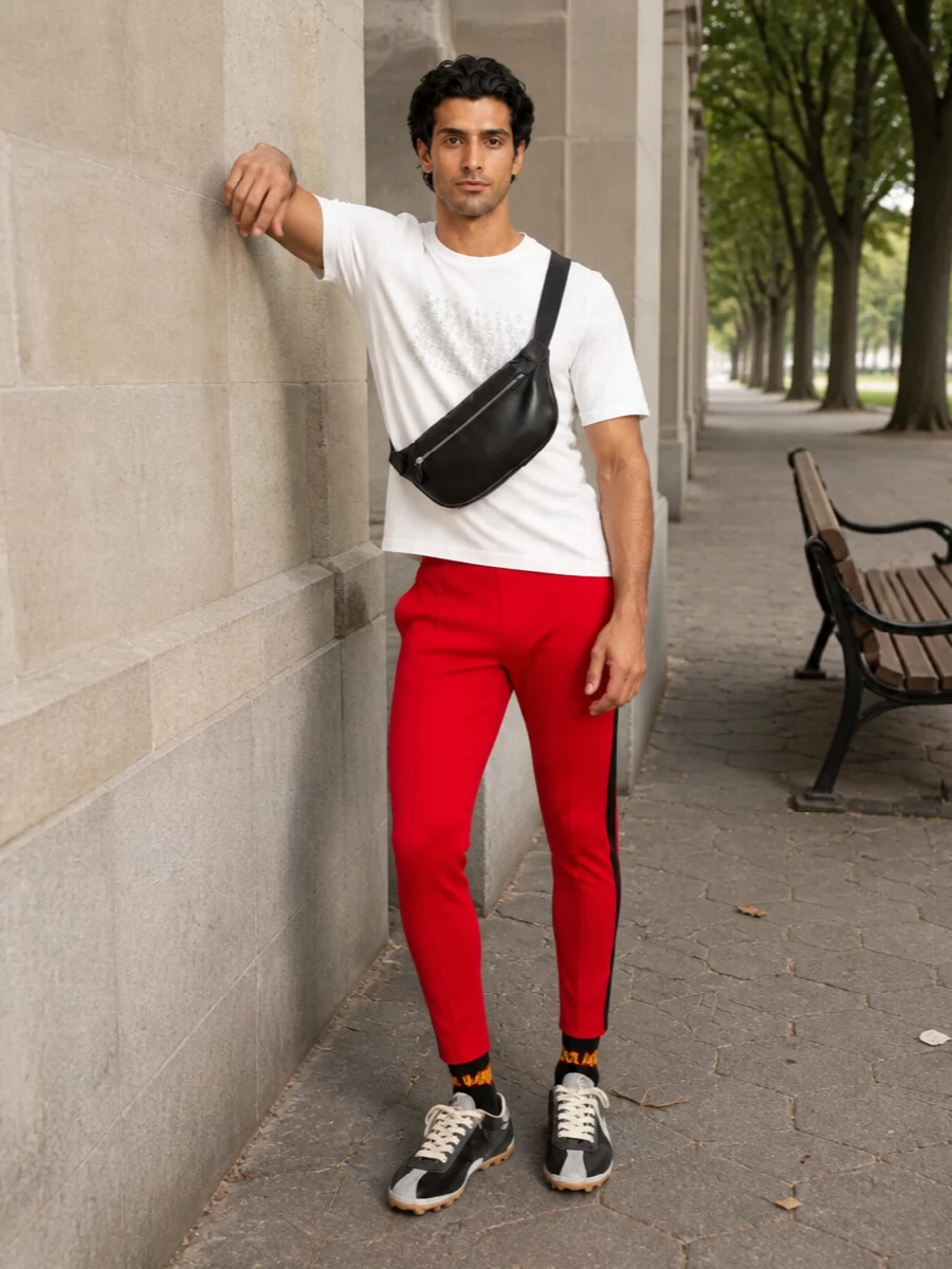 Maison margiela red track pants white tee outfit