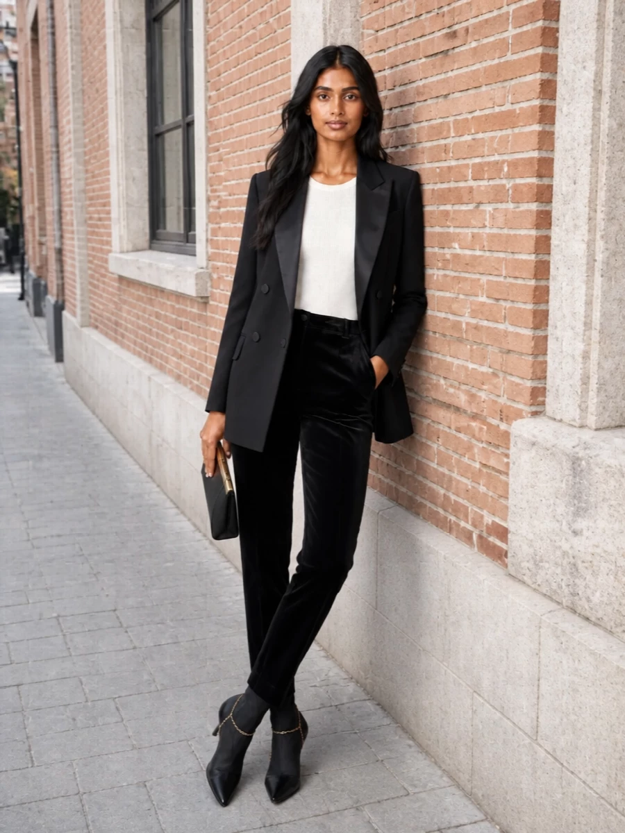 Dolce&Gabbana’s black velvet trouser is framed by a Max Mara tuxedo blazer for a rigorously clean evening take on tailoring. The second-skin stiletto boots continue the sharp line through the ankle, while a sculptural Giorgio Armani clutch adds just enough gold to read luxurious without breaking the monochrome spell. It is a quietly commanding dinner ensemble, all about cut, texture and restraint rather than noise.