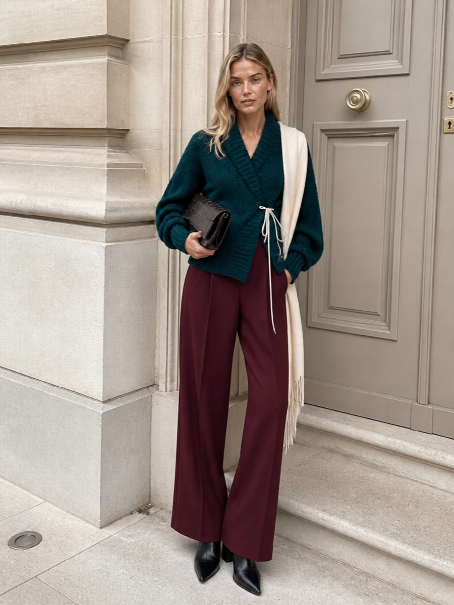 Dries van noten teal cardigan burgundy trousers