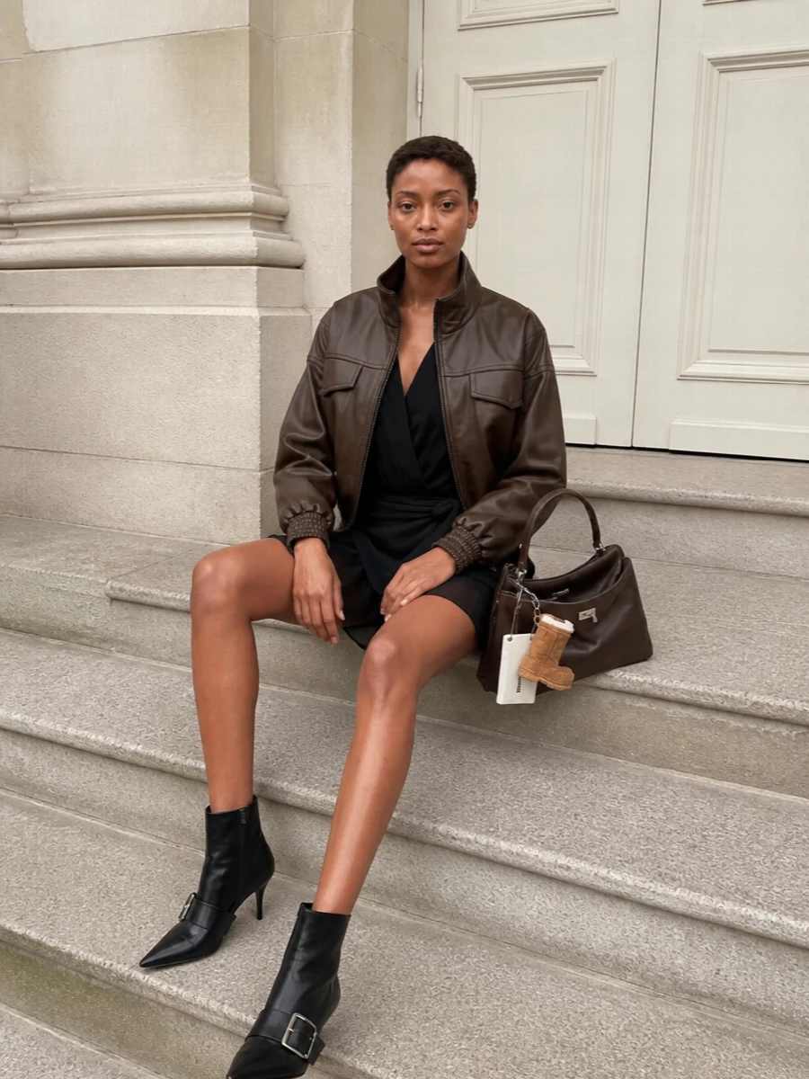 Balenciaga brown bomber black wrap mini dress