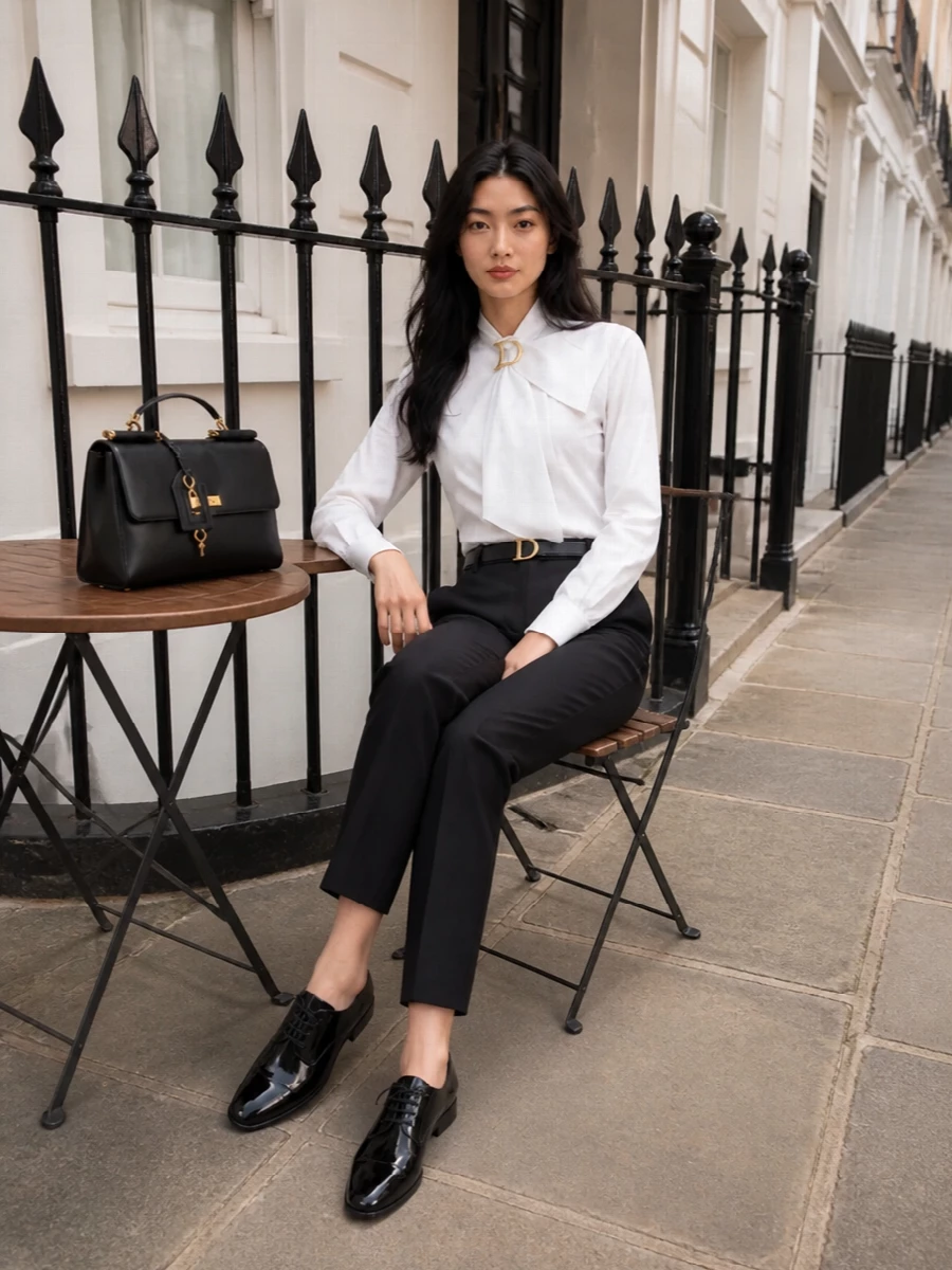 Dior white bow blouse black tailored trousers outfit