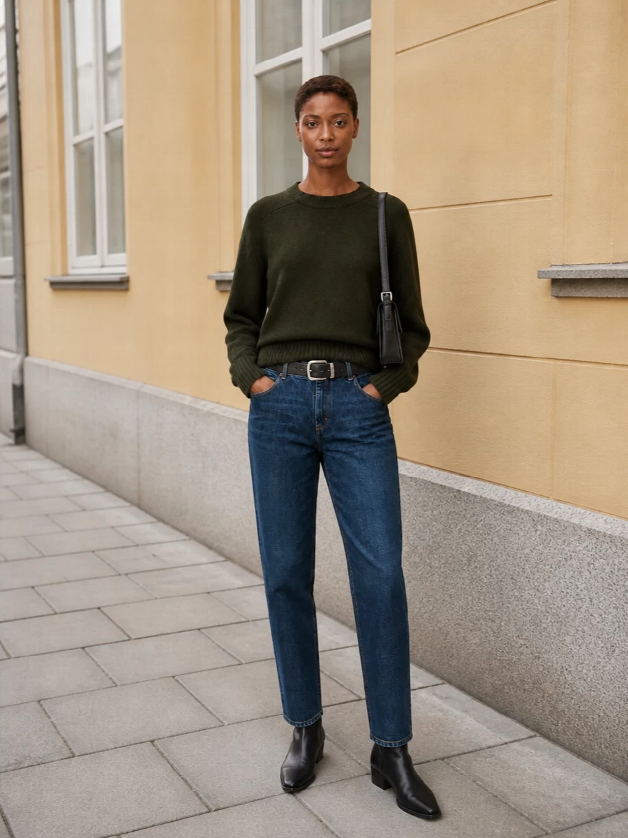 Dark straight denim grounded with deep olive and black reads quietly confident and distinctly urban. The pointed boots and structured shoulder bag refine the easy proportions, while a slim black belt gives the mid-rise waist just enough definition. It is a minimal cold-season uniform that feels considered without ever looking overworked.