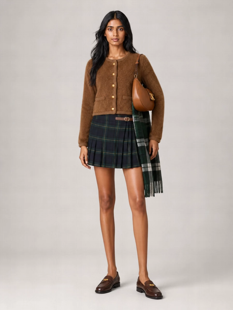Celine Wool Tartan Low-Rise Pleated Mini Skirt