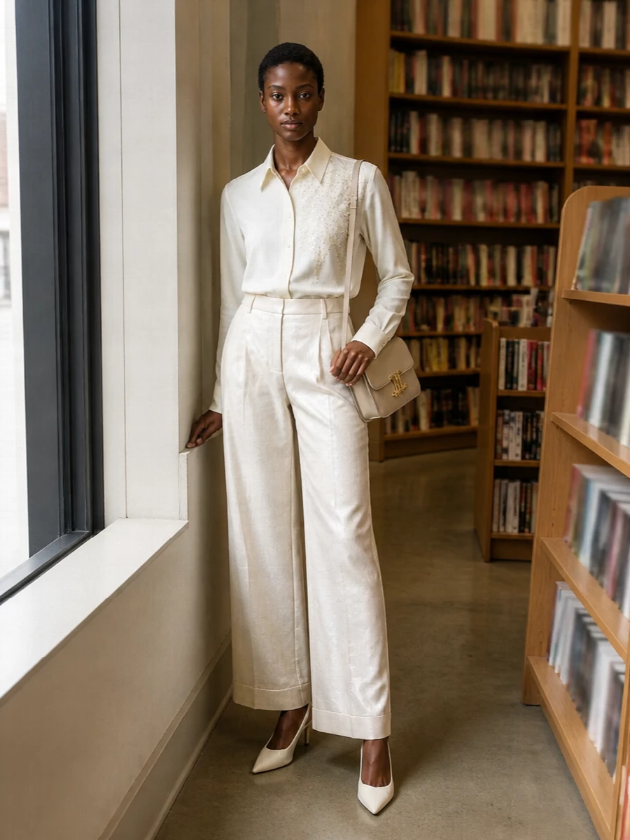 Embellished ivory evening suit wide leg trousers