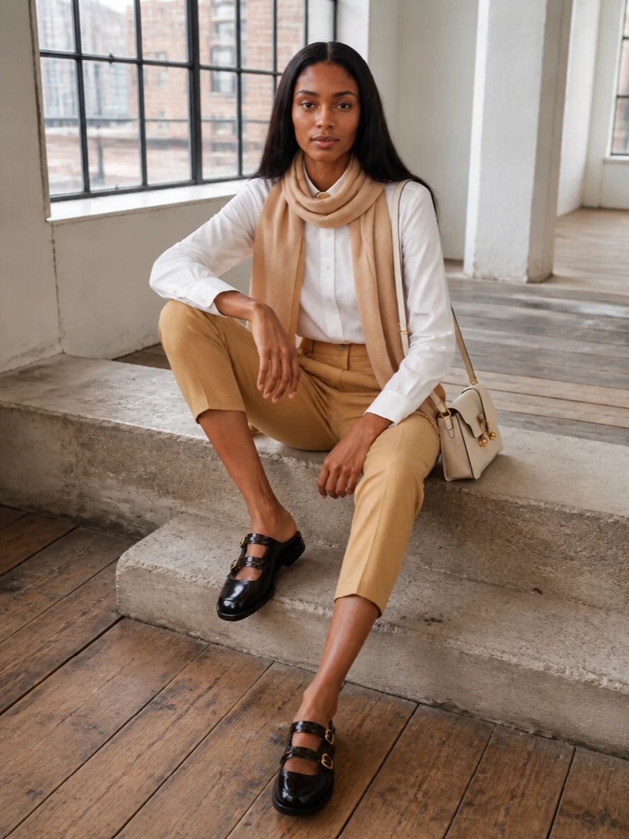 Marni white shirt camel tailored trousers outfit