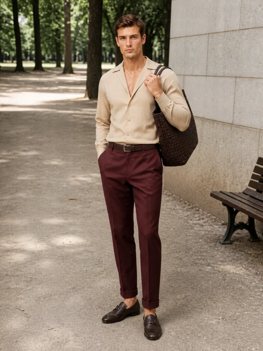 Dolce gabbana burgundy trousers beige shirt outfit