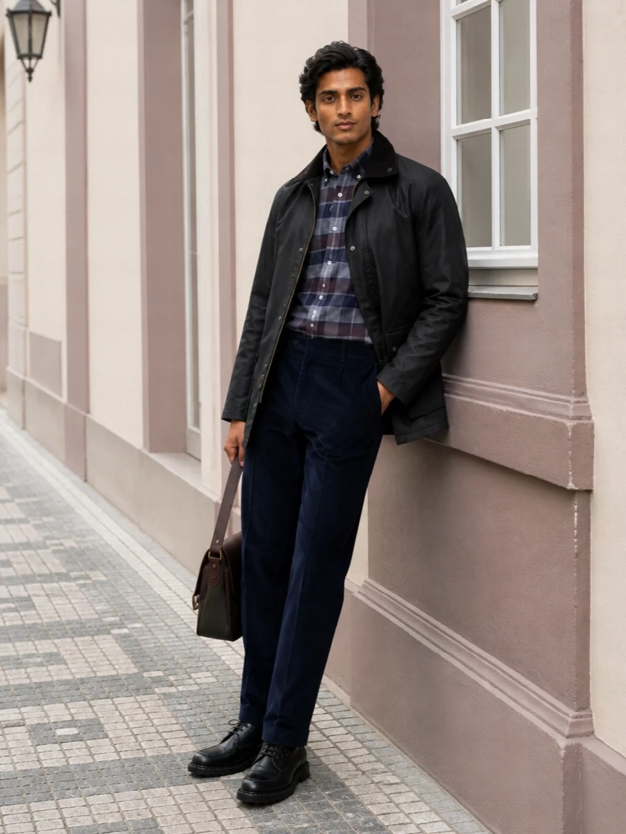 Barbour field jacket navy corduroy paraboot boots