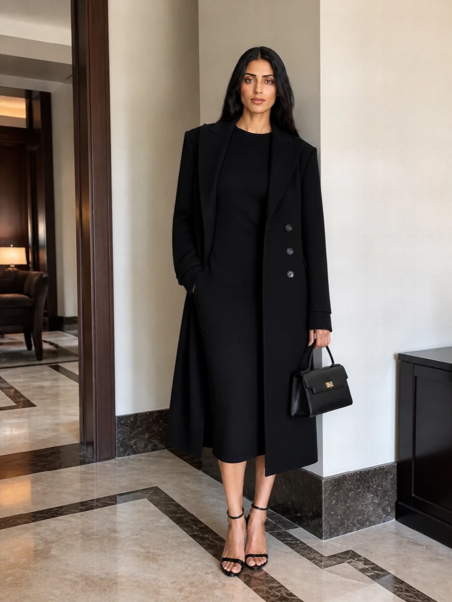 Andamane black coat midi dress heels