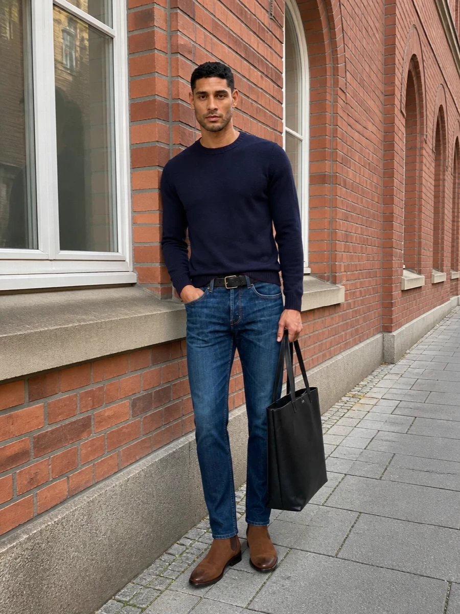 Dondup jeans navy sweater suede chelsea boots