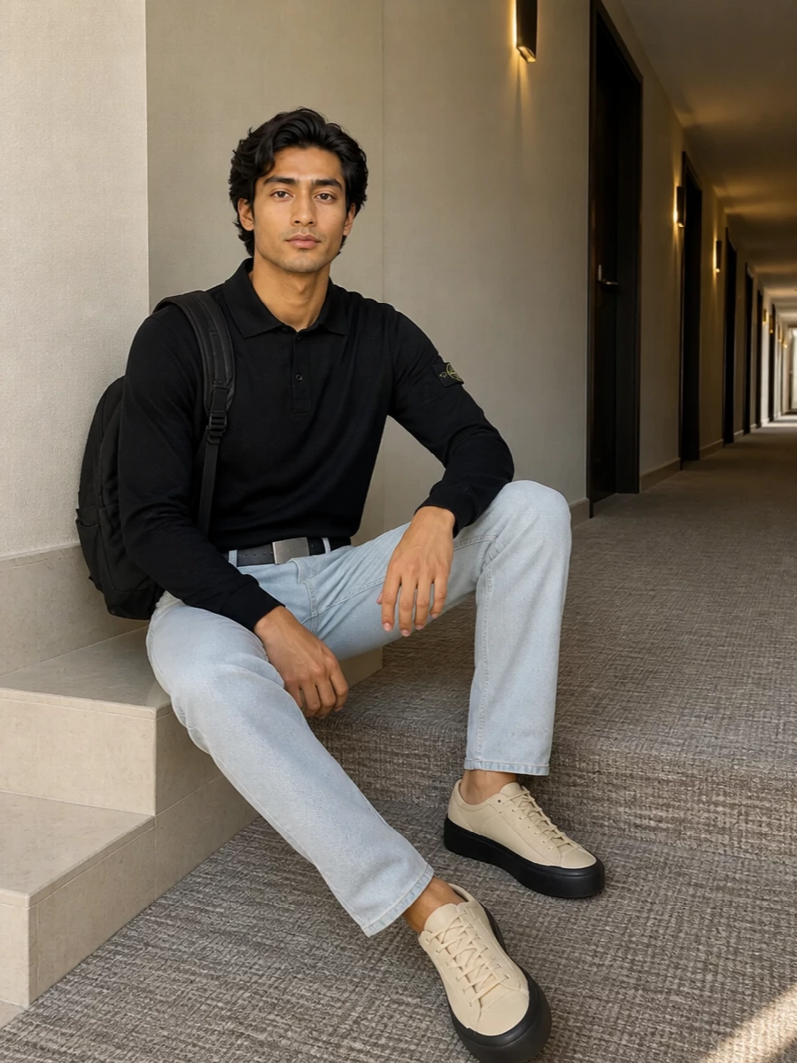 Stone Island’s textured black polo meets icy straight-leg denim for a clean, low-key contrast that still reads precise. Cream and sand tech sneakers keep the palette soft and modern, while a black belt and backpack add just enough structure for city days without crowding the lines.