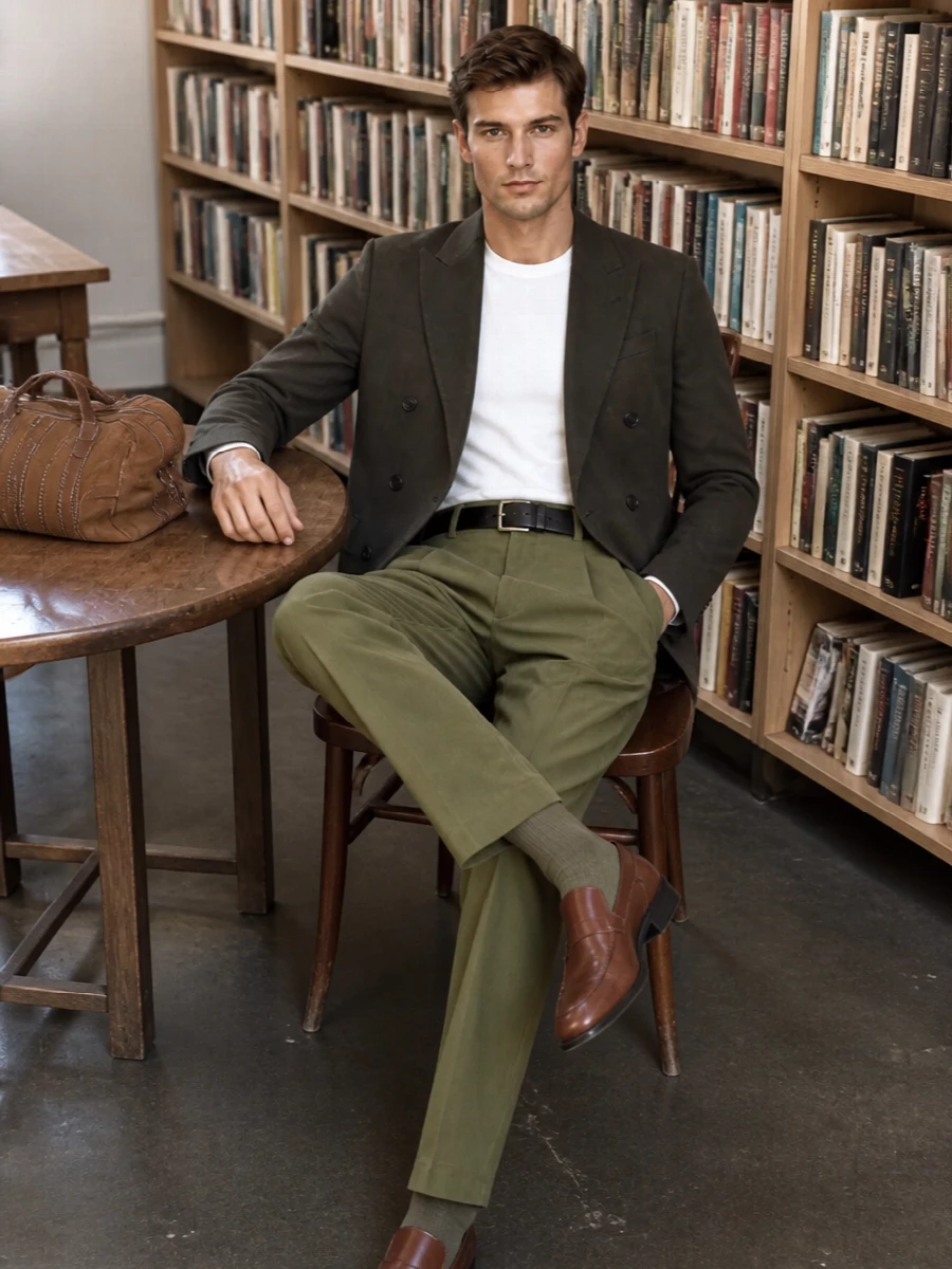 Dries van noten olive blazer pleated trousers