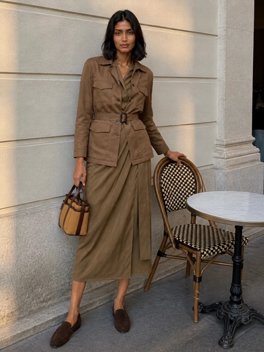 I have taken the dress route, pairing the belted utility jacket with a collared camel wrap midi to keep a single, clean lapel and waist emphasis rather than stacking tailored separates. The Max Mara dress creates a long, uninterrupted line under the jacket, while dark brown loafers and a compact structured tote sharpen the neutrals into a refined city uniform. The result is quietly assertive and highly wearable for full days that move between meetings and dinner without a change.