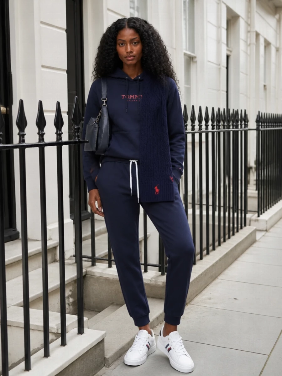 Tommy hoodie navy joggers white sneakers