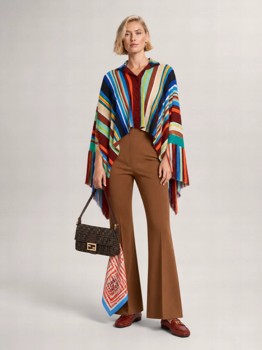 Fendi Striped Asymmetric Cropped Fringed Poncho