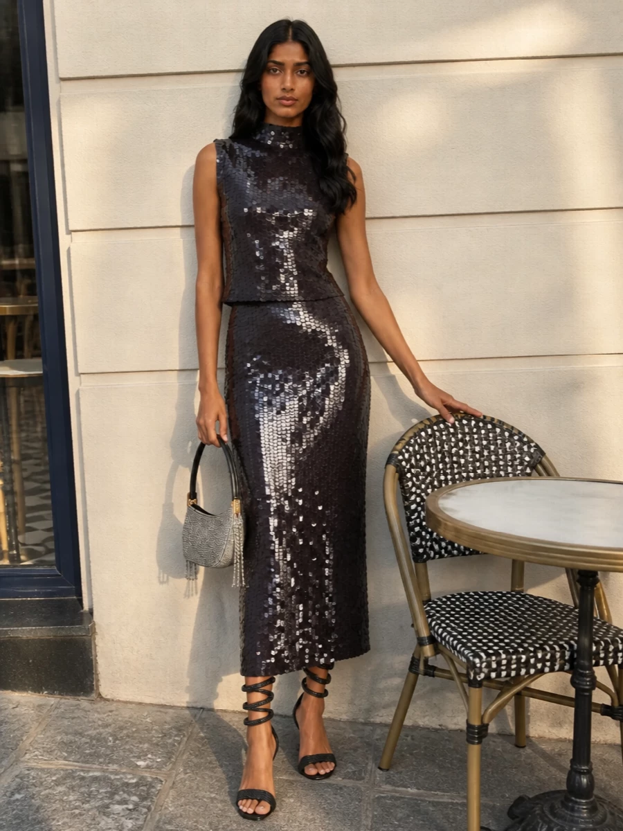 Parosh sequin top skirt rene caovilla heels