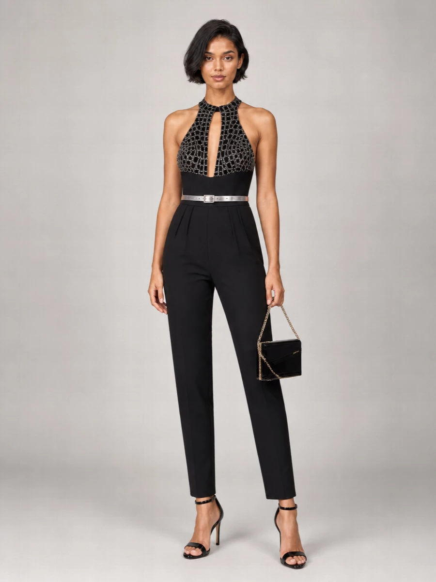 Elisabetta Franchi Sleeveless High-Neck Cutout Sequin Jumpsuit