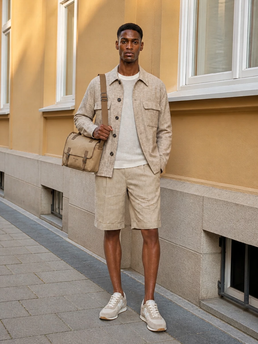 Boss shirt jacket jacquemus tailored shorts outfit