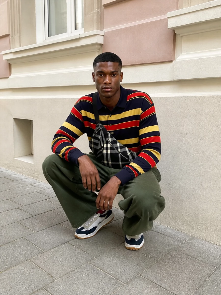 Navy, gold and brick stripes sit against deep olive wide legs for a confident, off-duty take on prep. The cropped rugby and exaggerated trouser volume create a strong streetwear line, with slim retro runners and a monochrome sling keeping the energy graphic but controlled. Brick-accent socks finish it with a subtle, athletic nod rather than more logos.