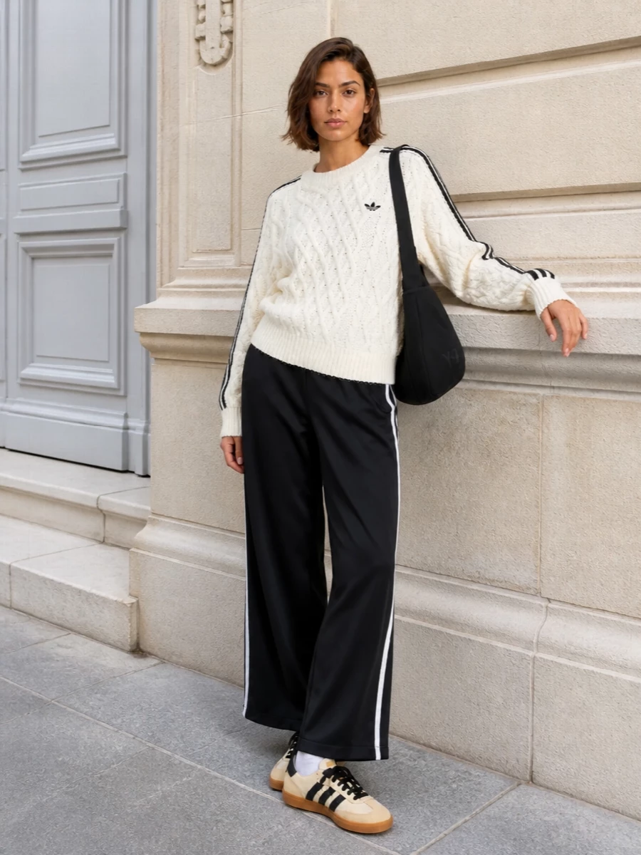 Adidas cable knit sweater wide leg track pant