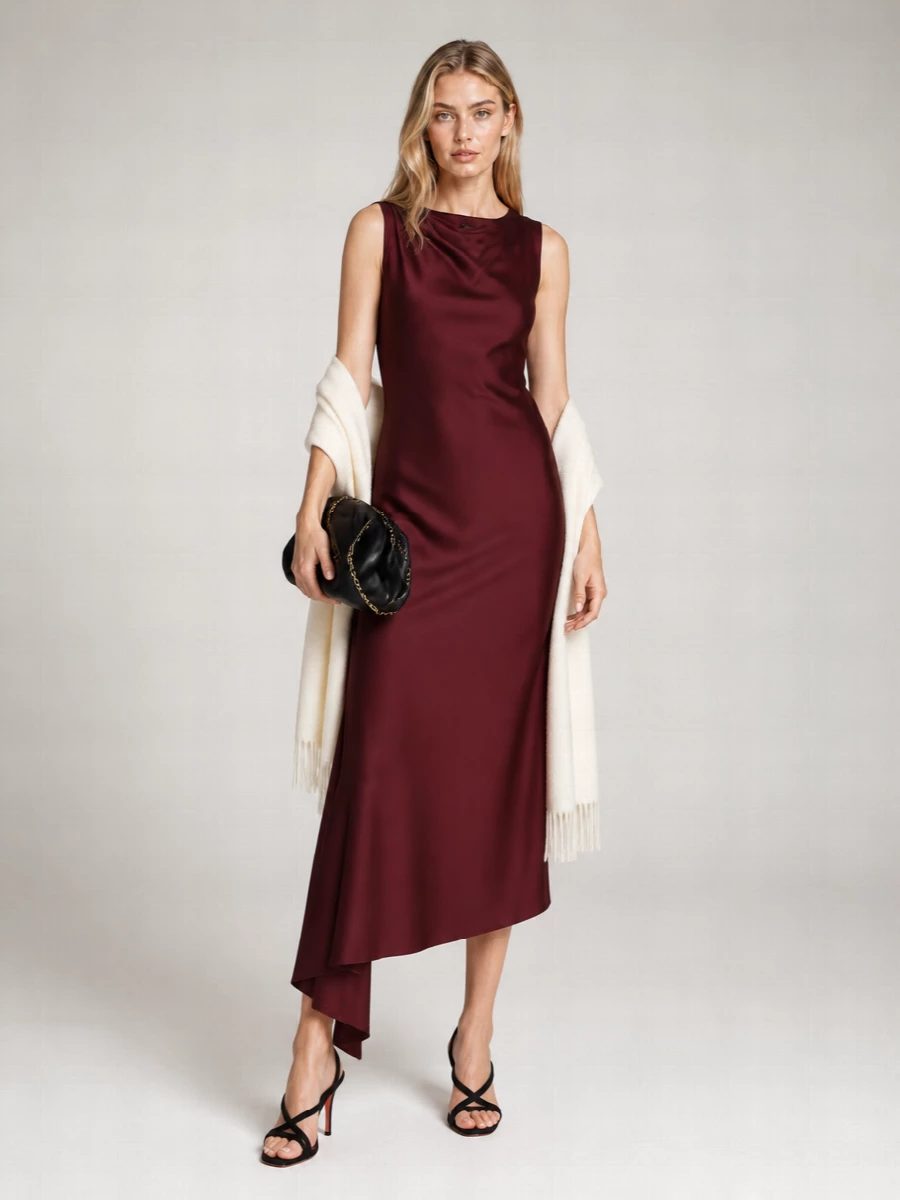 Max Mara Silk Asymmetric Sleeveless Draped Midi Dress