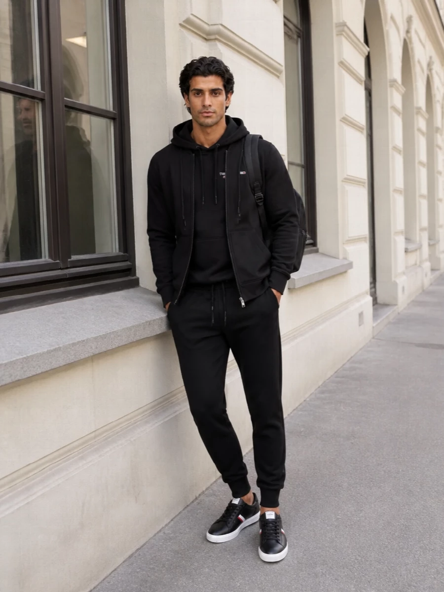 Tommy hilfiger black hoodie joggers outfit