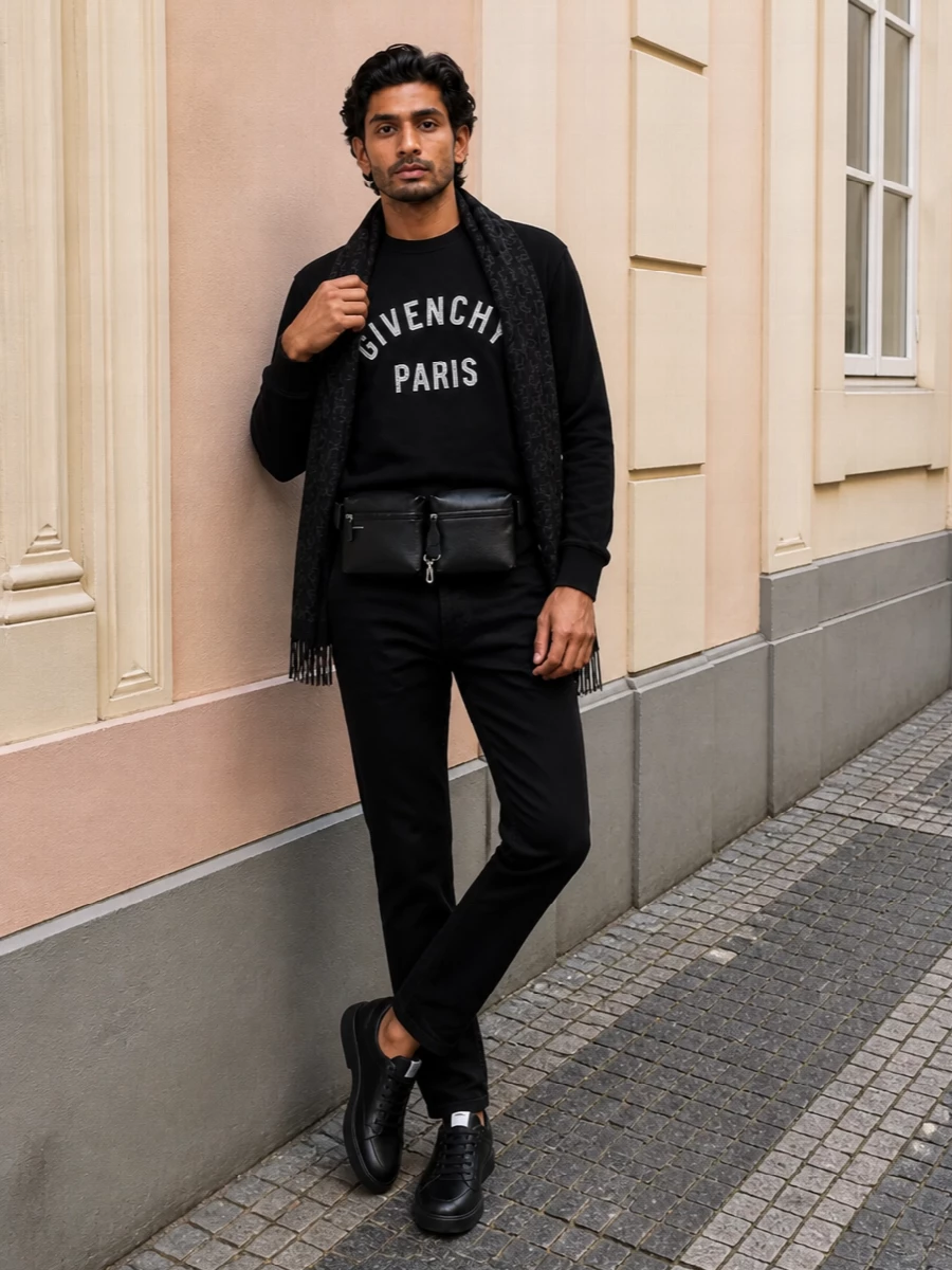 Givenchy black sweatshirt trousers sneakers outfit