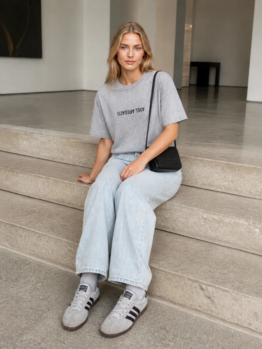 Axel arigato tee haikure wide leg jeans outfit