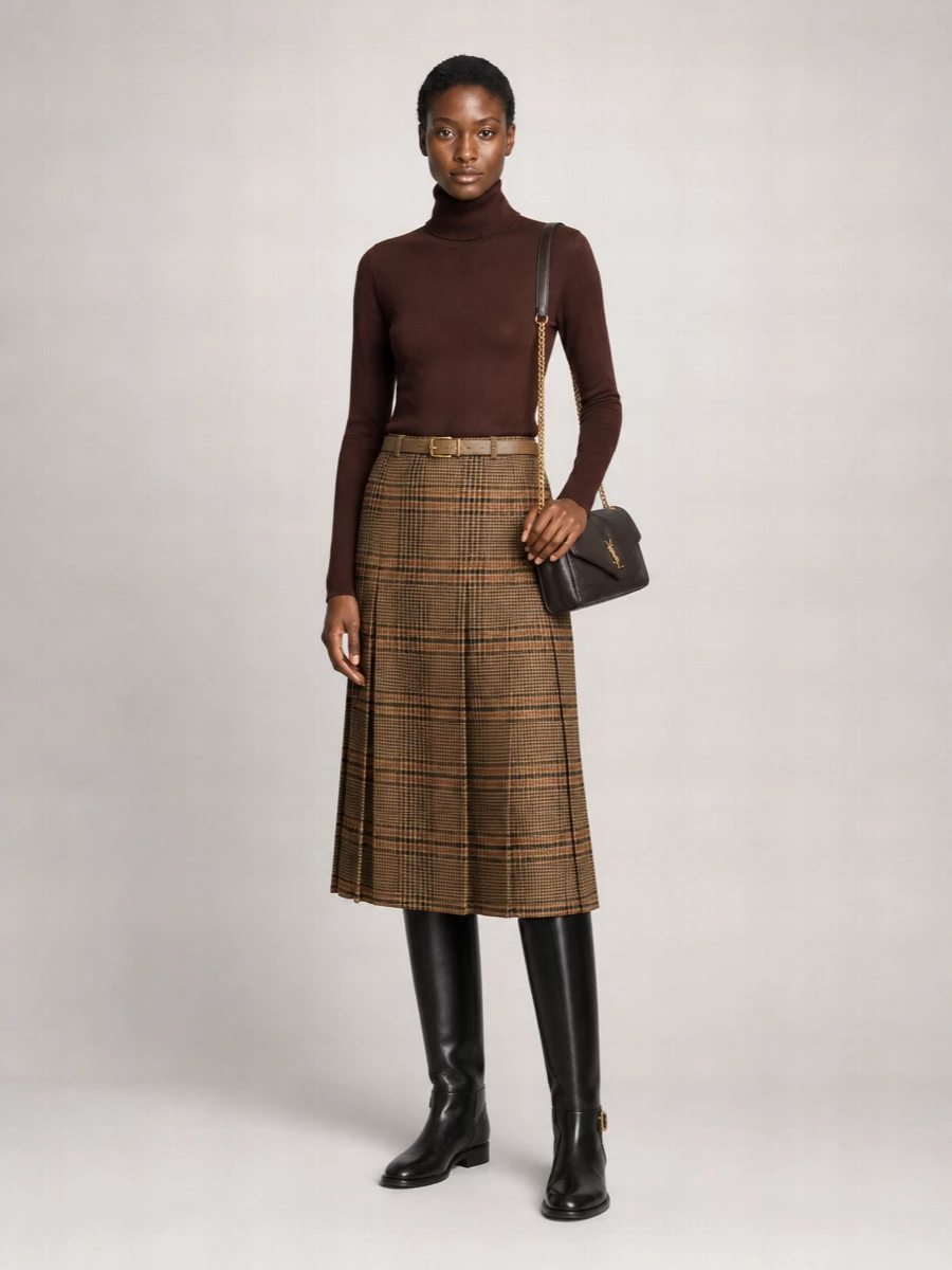 Saint Laurent Wool Prince Of Wales Pleated Midi Skirt
