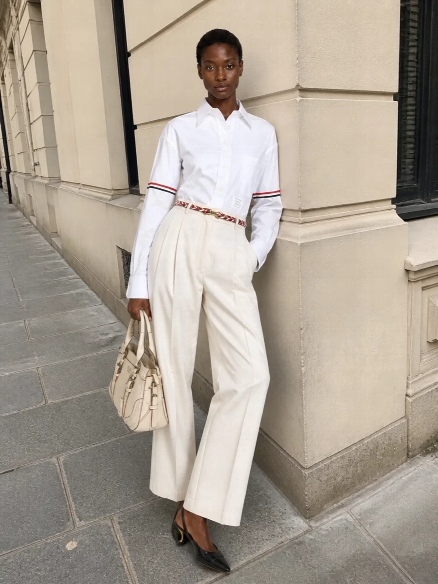 Thom browne wide leg trousers white shirt outfit