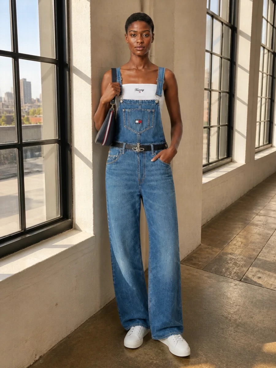 Relaxed wide-leg dungarees meet a slim logo bralette for a clean, athletic take on collegiate denim. Powder-blue detailed sneakers and a navy striped hobo bag keep the palette tight and fresh. A navy belt defines the waist just enough, adding a subtle hit of hardware without disturbing the easy off-duty attitude.