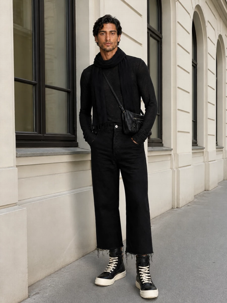 Rick owens black cropped jeans high top sneakers