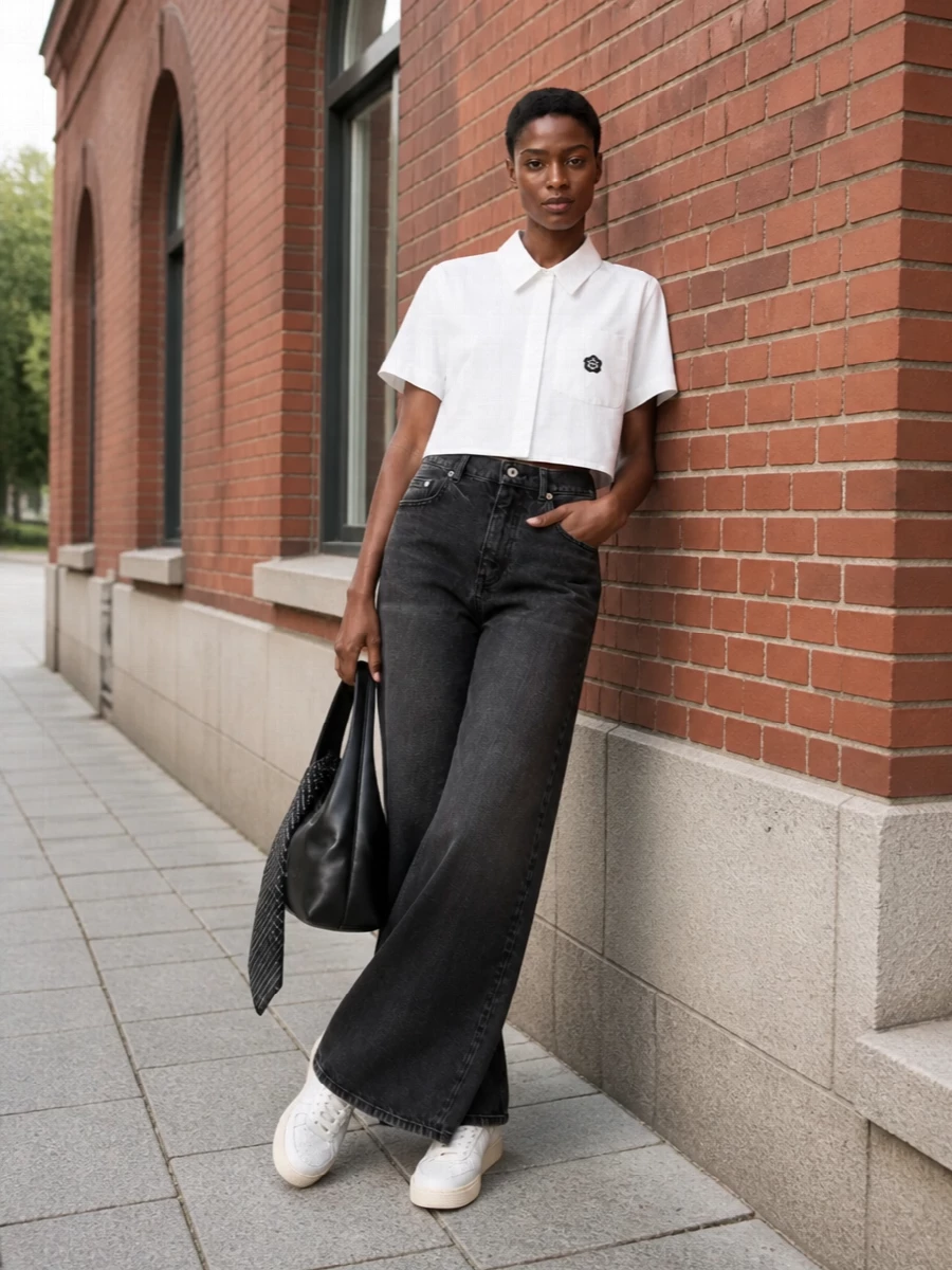 Kenzo cropped shirt wide leg black jeans outfit
