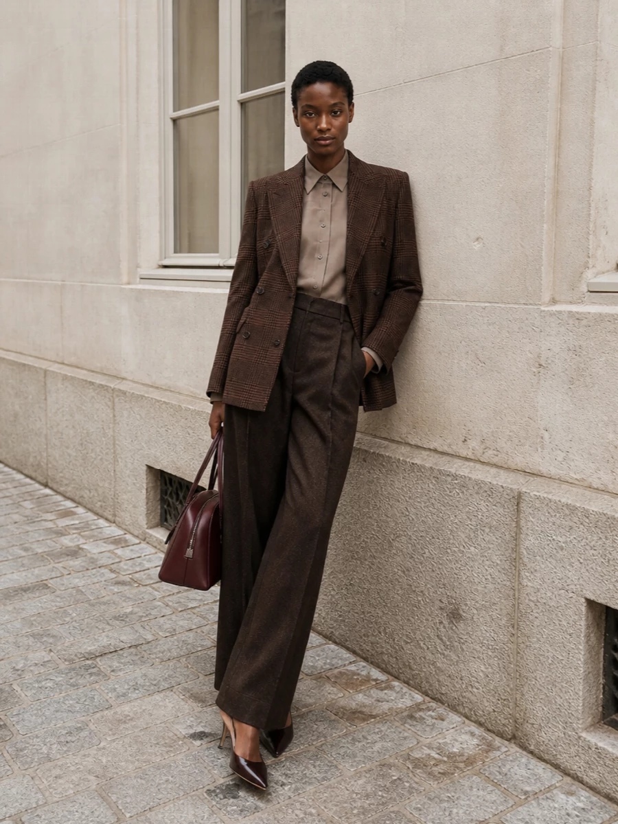 Brown wide leg trousers taupe silk shirt outfit