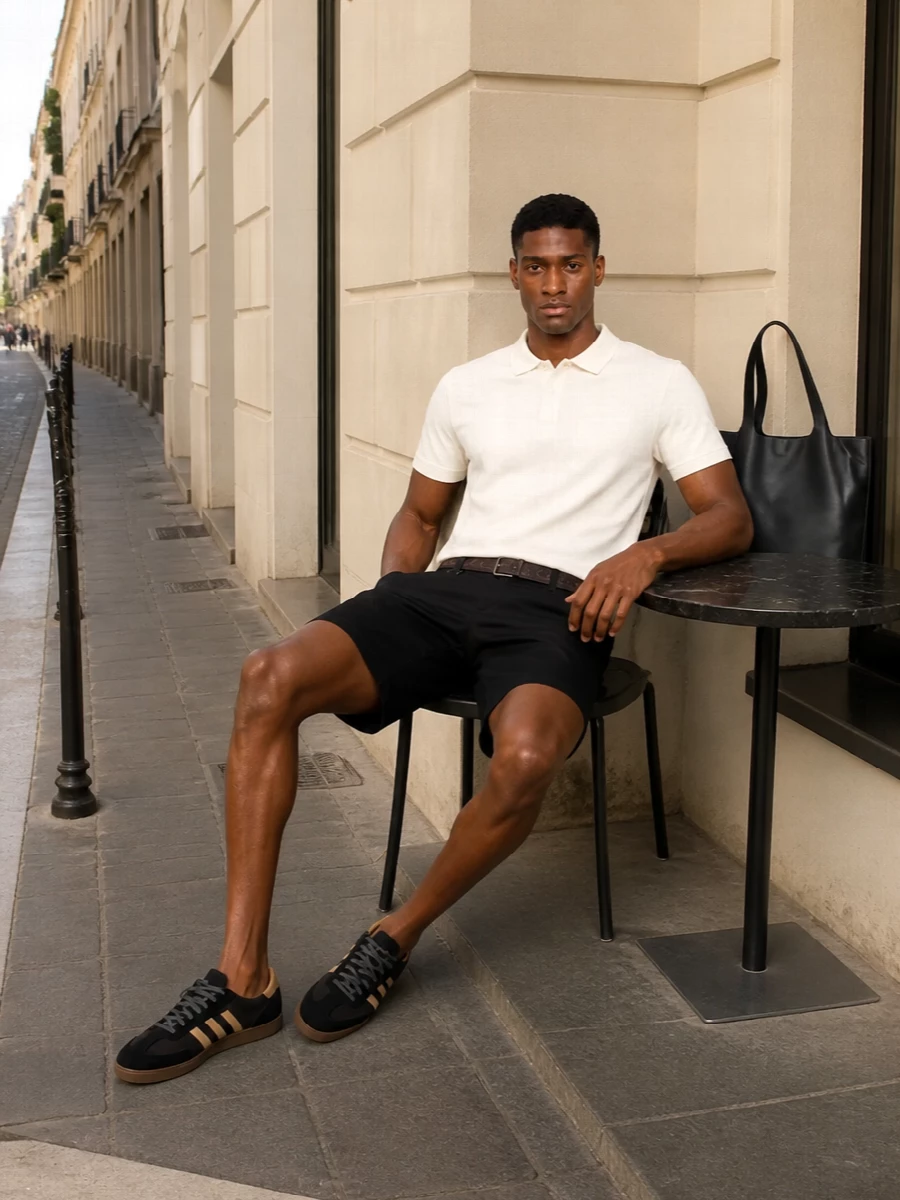 Black chino shorts with an off white polo create a clean, graphic summer base that leans quietly sporty rather than loud. Terrace inspired black sneakers echo the shorts while their sand stripes link back to the polo so the palette stays tight but soft. A structured black logo tote and webbing belt finish it with practical city polish that still feels relaxed and easy to wear all day.