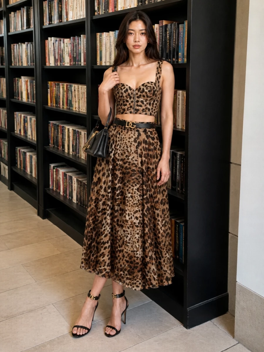 Pure Dolce&Gabbana drama: the sculpted leopard bustier and fluid high-waisted midi skirt read as a fearless, feline column of print. Black ankle-strap stilettos and a compact charm-detailed top-handle bag sharpen the mood, while a crystal-logo belt quietly cinches everything into a precise, cocktail-ready hourglass. Confident, sultry and built for rooftop dinners, late bars and any night where you want the animal print to do the talking.