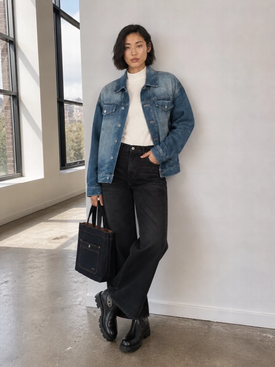 I am deliberately building around separates rather than a dress so the oversized Haikure trucker can stay the hero, supported by a clean base. The soft-white mock-neck and washed-black wide-leg jeans create a quiet framework that lets the jacket’s volume and fade read intentional, while the Diesel boots and A.P.C. tote add just enough toughness and structure to keep the whole thing city-ready instead of sloppy. The result is a relaxed denim-on-denim uniform with a subtle brand mix that still feels edited and modern.