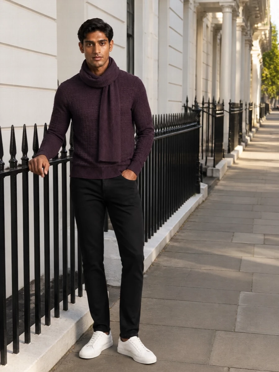 Emporio armani plum sweater black trousers