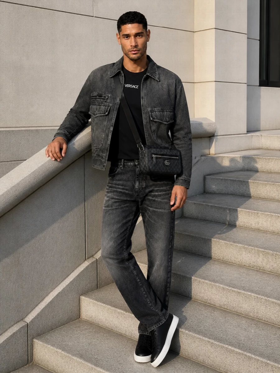 Versace charcoal denim jacket black jeans outfit