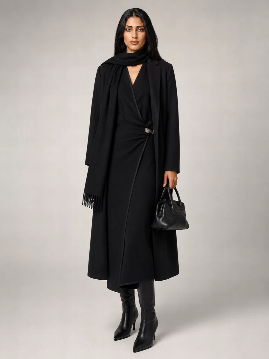 The Attico Cashmere Wool Relaxed Long Single-Breasted Coat With Fringed Scarf