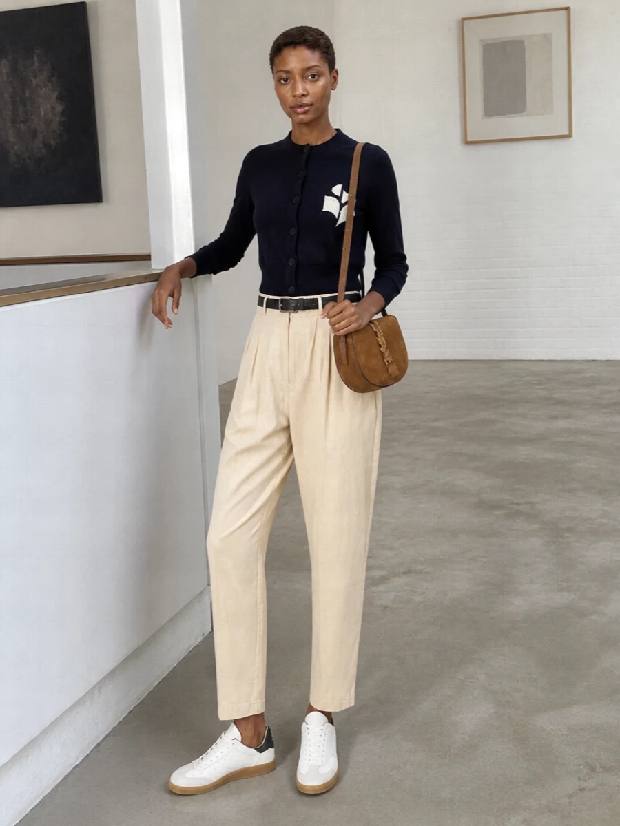 Isabel marant etoile navy cardigan beige trousers