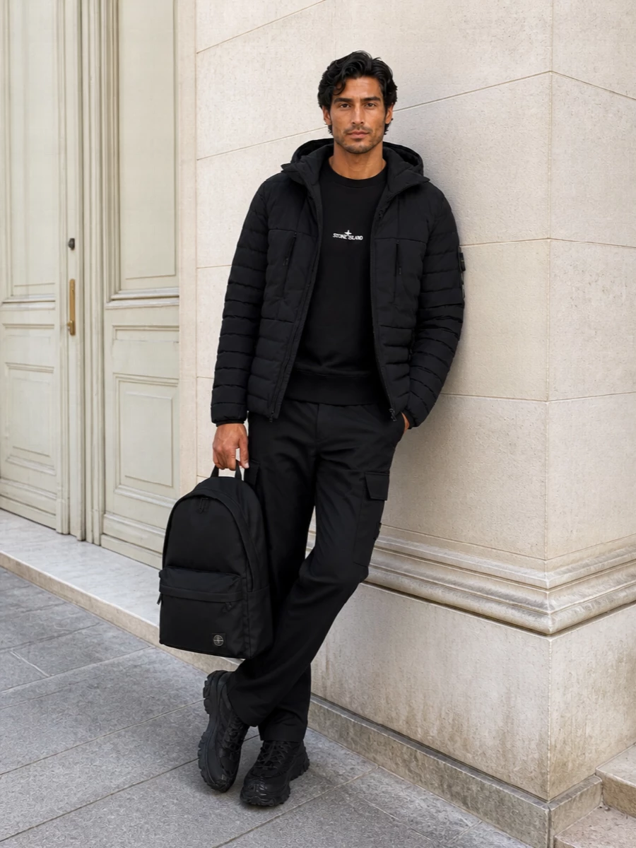 Stone island black padded jacket cargo outfit