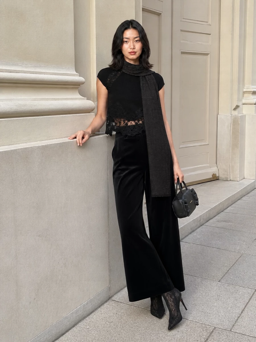 Ermanno scervino lace knit black wide leg trousers
