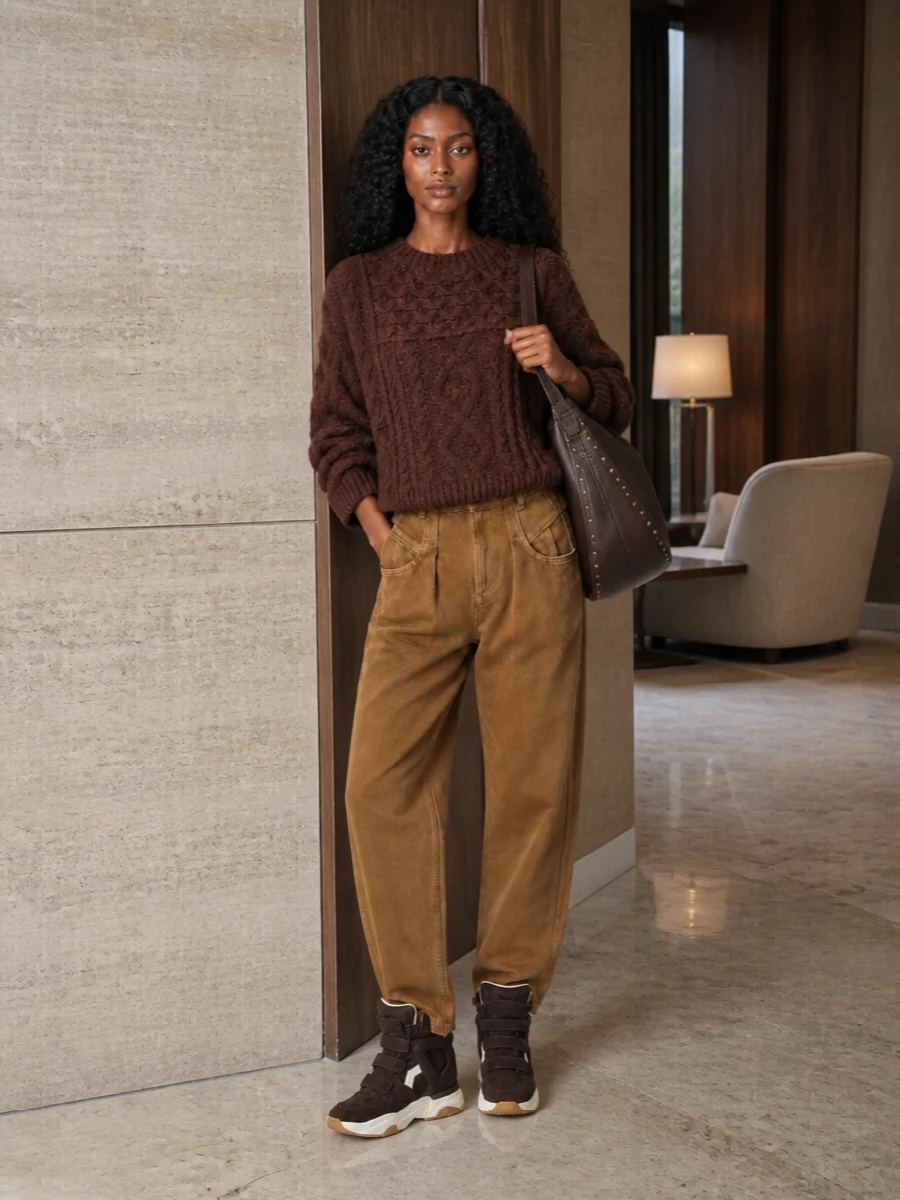 Isabel marant wedge sneakers brown knit camel jeans
