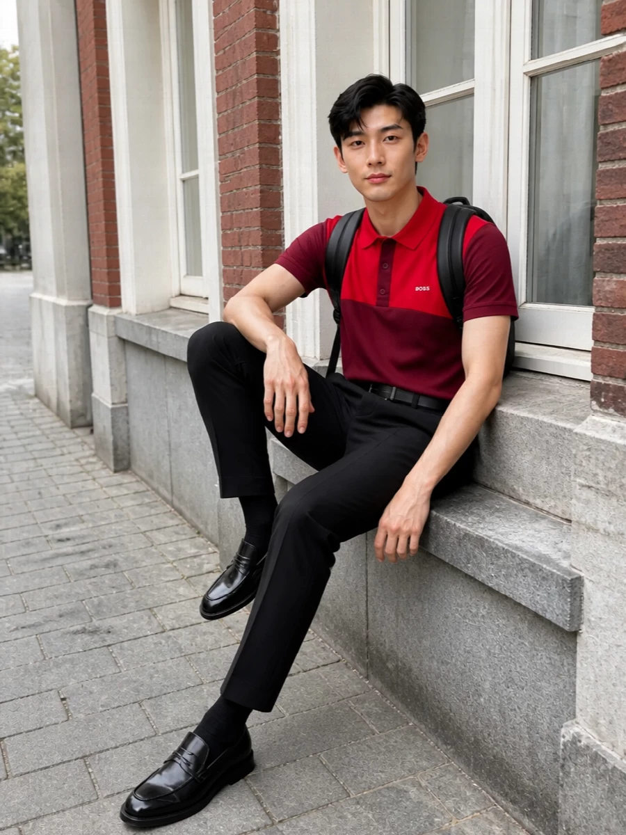 A bold red and burgundy polo sits on sharp black tailored trousers for a clean, sport‑inflected take on smart casual. Black penny loafers and a streamlined belt keep the line crisp, while a structured backpack adds practical polish for city days. The palette stays tight so the graphic top does the talking without feeling loud.