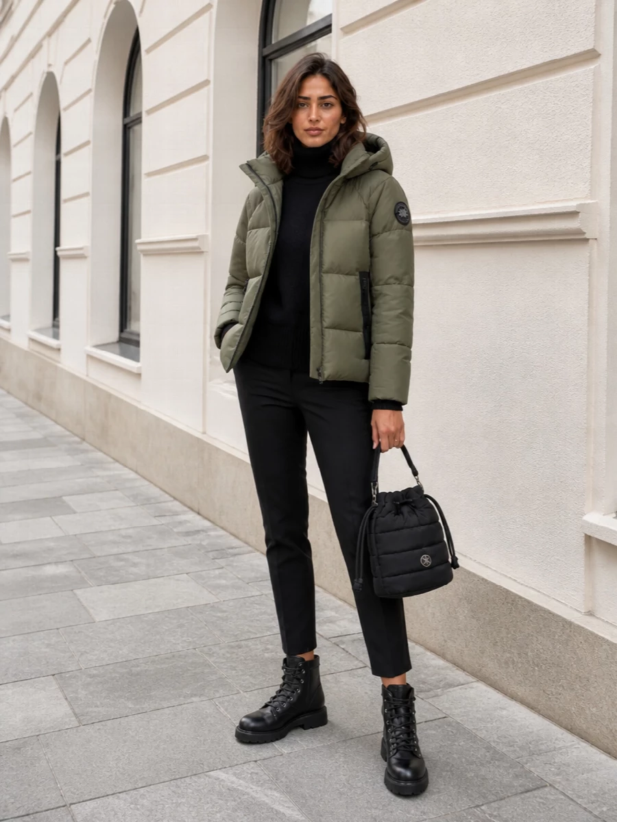I’m keeping this grounded in a clean, technical city uniform, so we go knit-and-trouser rather than a dress under the short sage Canada Goose puffer. The oversized black turtleneck and slim cropped technical trousers create a neat column that lets the jacket’s volume and color stay the focus, while the black hiking boots and padded nylon bucket bag echo its utility and performance feel. The result is quiet, modern winter kit that moves easily from commute to weekend without feeling overstyled.