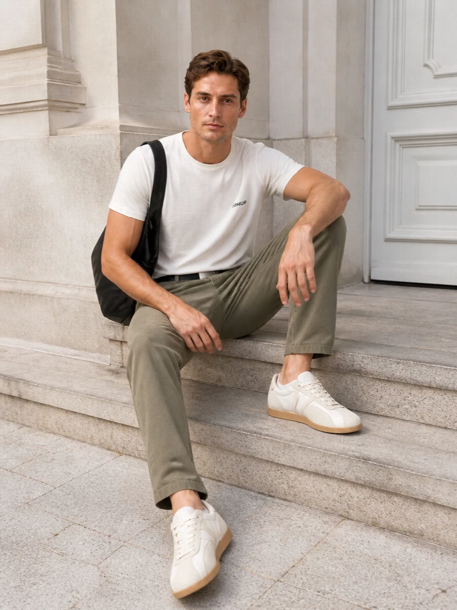 An off white Dondup tee sits over softly tapered olive trousers for a calm, modern take on casual dressing. Off white retro trainers keep the palette light and cohesive, while a slouchy black shoulder bag and slim black belt ground everything with quiet structure. The result is relaxed, minimal and city ready without feeling overstyled.
