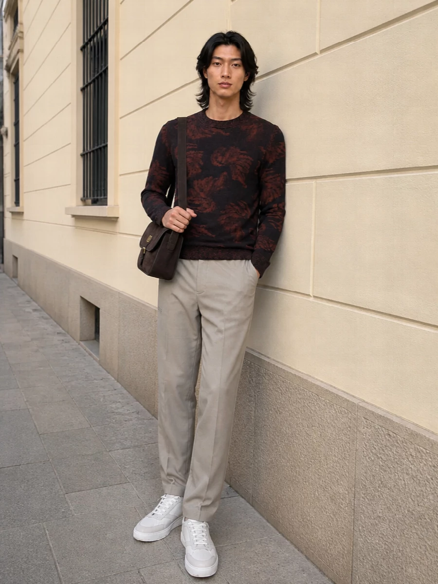 Inky foliage and rust tones stay grounded with a clean light-taupe trouser that sharpens the line without competing with the knit’s pattern. Soft-white sneakers keep the energy relaxed but precise, while a chocolate suede shoulder bag quietly picks up the sweater’s depth for a cohesive, artful finish.