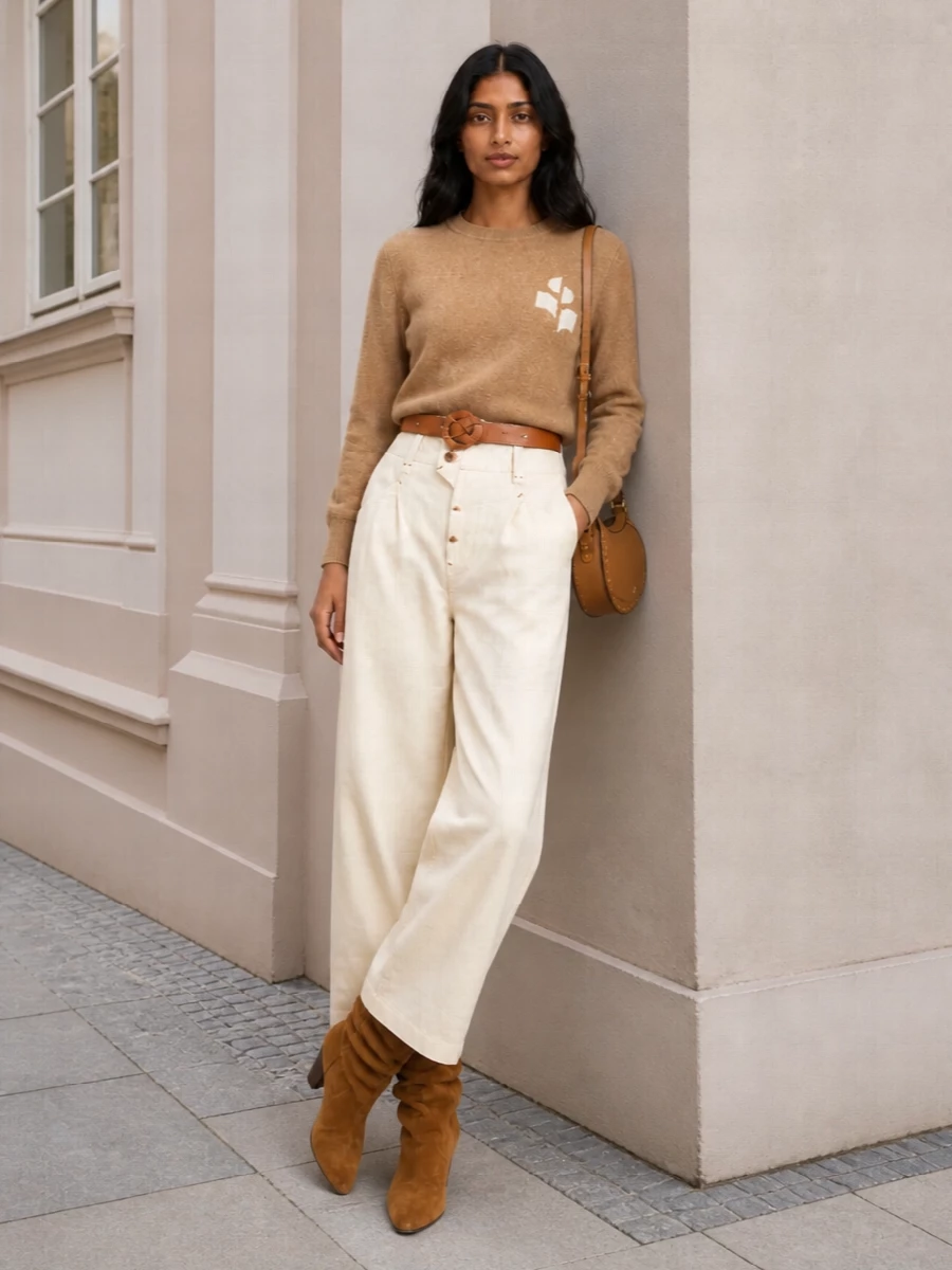 Isabel marant camel sweater wide leg trousers outfit