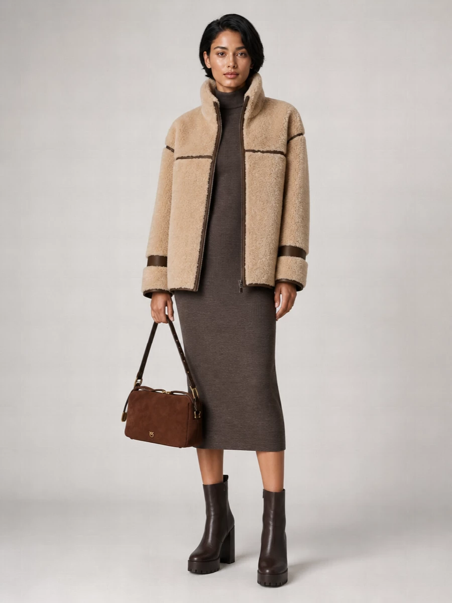 Pinko Contrast Panel Faux Shearling Coat
