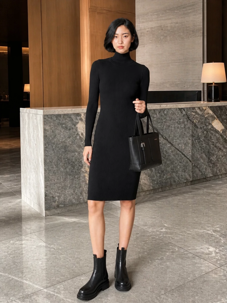 This is a quietly assertive black-on-black knit column that lets the Gianvito Rossi boots do the talking without breaking the minimalist line. Opting for the dress route keeps the story pure and unfussy, ideal for winter dinners or gallery evenings where you want polish with zero complication. Texture and cut do the work, so the whole outfit feels calm but intentional.